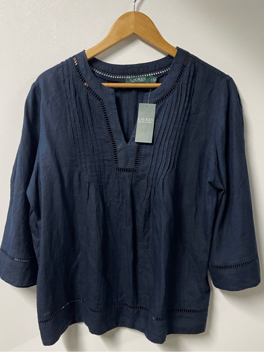 LAUREN Ralph Lauren Linen Classic Pintuck Split-Neck Tunic in Navy - Picture 2 of 8